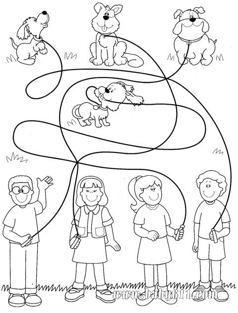 用不同颜色的蜡笔描出每一跟绳子,并找出谁拥有哪只狗