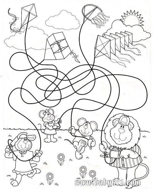 用不同颜色的蜡笔描出每一只风筝并找出谁在放哪只风筝